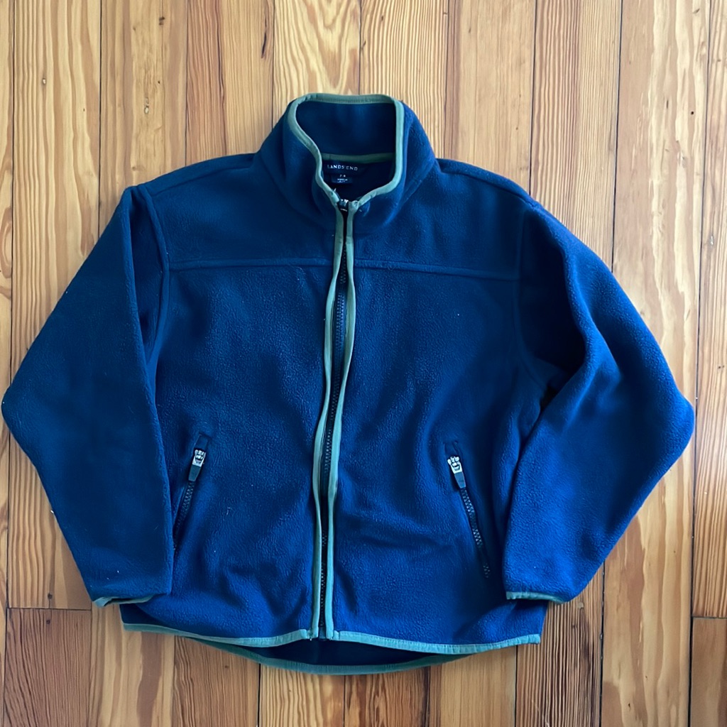 Lands’ End Fleece Zip-Up Jacket, Blue, With Green Piping, Youth Size 7-8